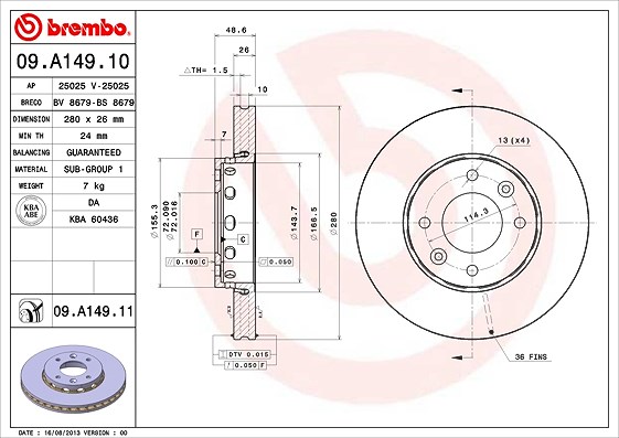 Brembo Bremsscheibe [Hersteller-Nr. 09.A149.11] für Kia