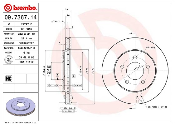 Brembo Bremsscheibe [Hersteller-Nr. 09.7367.14] für Chrysler, Plymouth, Dodge