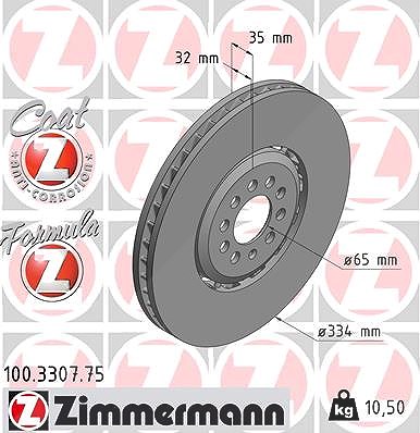 Zimmermann 1x Bremsscheibe links Vorderachse Belüftet [Hersteller-Nr. 100.3307.75] für VW, Audi