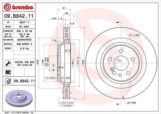 Brembo 1x Bremsscheibe [Hersteller-Nr. 09.B842.11] für Mercedes-Benz