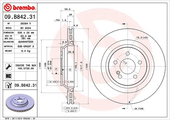 Brembo 1x Bremsscheibe [Hersteller-Nr. 09.B842.31] für Mercedes-Benz