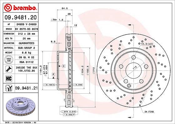 Brembo 1x Bremsscheibe [Hersteller-Nr. 09.9481.21] für Mercedes-Benz