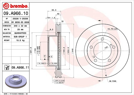 Brembo 1x Bremsscheibe [Hersteller-Nr. 09.A966.11] für Lexus, Toyota