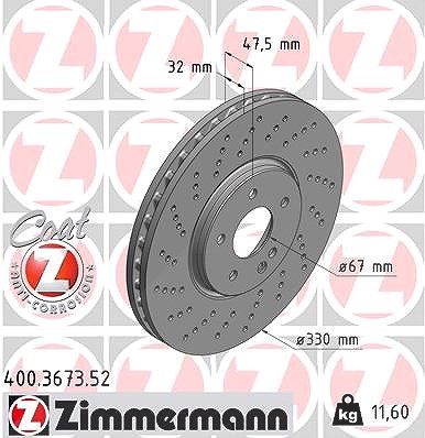 Zimmermann 1x Bremsscheibe [Hersteller-Nr. 400.3673.52] für Chrysler, Mercedes-Benz