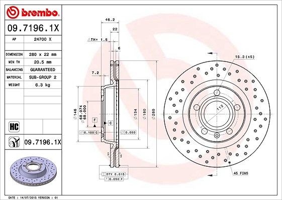 Brembo Bremsscheibe [Hersteller-Nr. 09.7196.1X] für Seat, VW, Audi