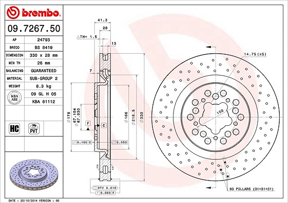Brembo 1x Bremsscheibe [Hersteller-Nr. 09.7267.50] für Ferrari
