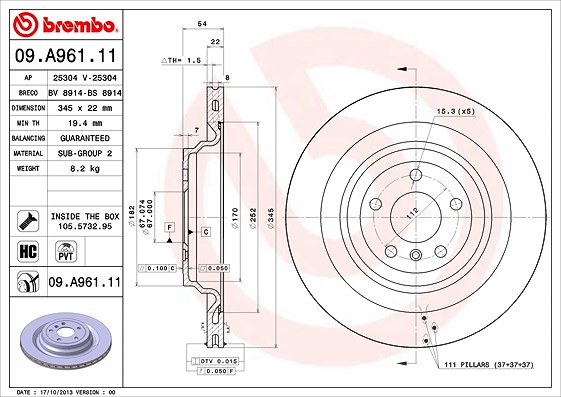 Brembo Bremsscheibe [Hersteller-Nr. 09.A961.11] für Mercedes-Benz