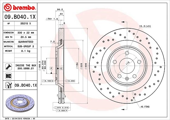Brembo Bremsscheibe Hinterachse Belüftet [Hersteller-Nr. 09.B040.1X] für Audi