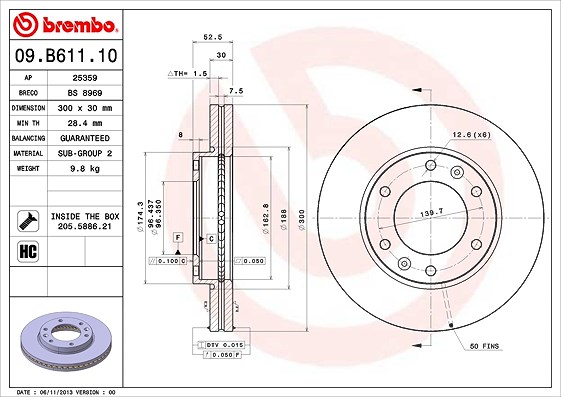 Brembo 1x Bremsscheibe [Hersteller-Nr. 09.B611.10] für Hyundai