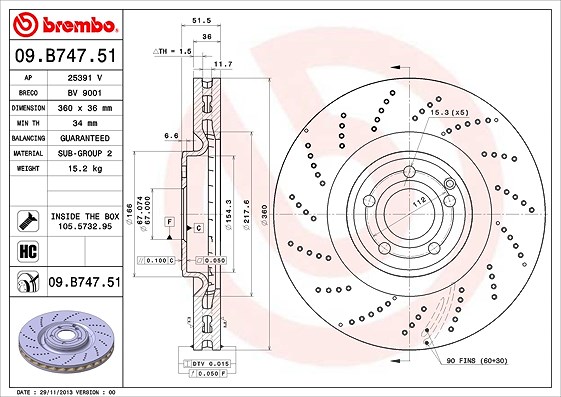 Brembo 1x Bremsscheibe [Hersteller-Nr. 09.B747.51] für Mercedes-Benz