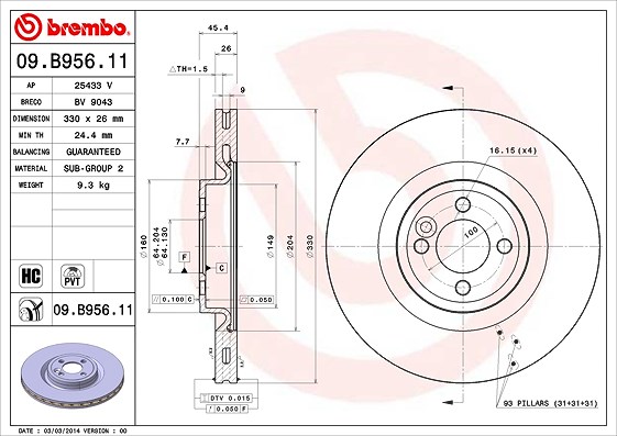 Brembo 1x Bremsscheibe [Hersteller-Nr. 09.B956.11] für Mini