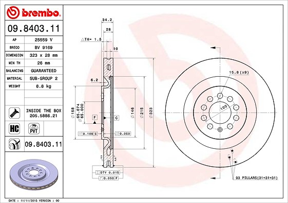 Brembo 1x Bremsscheibe Vorderachse Belüftet [Hersteller-Nr. 09.8403.11] für Seat