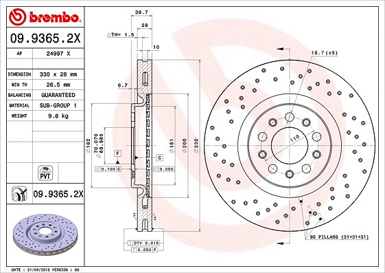 Brembo 1x Bremsscheibe [Hersteller-Nr. 09.9365.2X] für Alfa Romeo