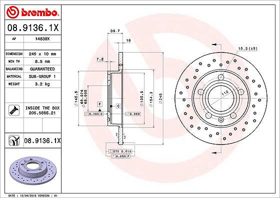 Brembo Bremsscheibe [Hersteller-Nr. 08.9136.1X] für Seat, Audi