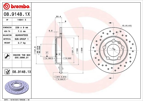 Brembo Bremsscheibe Hinterachse Voll [Hersteller-Nr. 08.9148.1X] für Skoda, VW, Audi