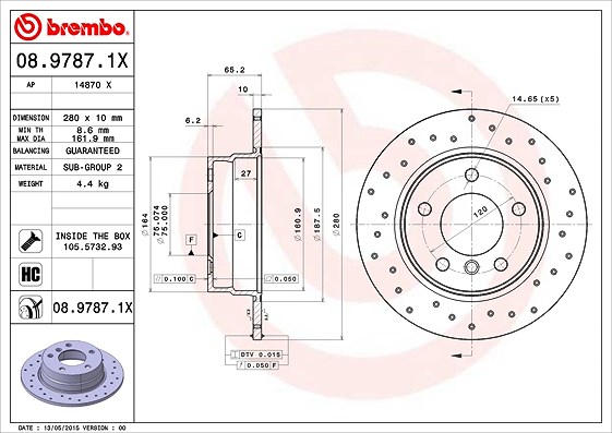 Brembo Bremsscheibe Hinterachse Voll [Hersteller-Nr. 08.9787.1X] für BMW