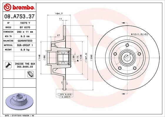 Brembo 1x Bremsscheibe [Hersteller-Nr. 08.A753.37] für Renault
