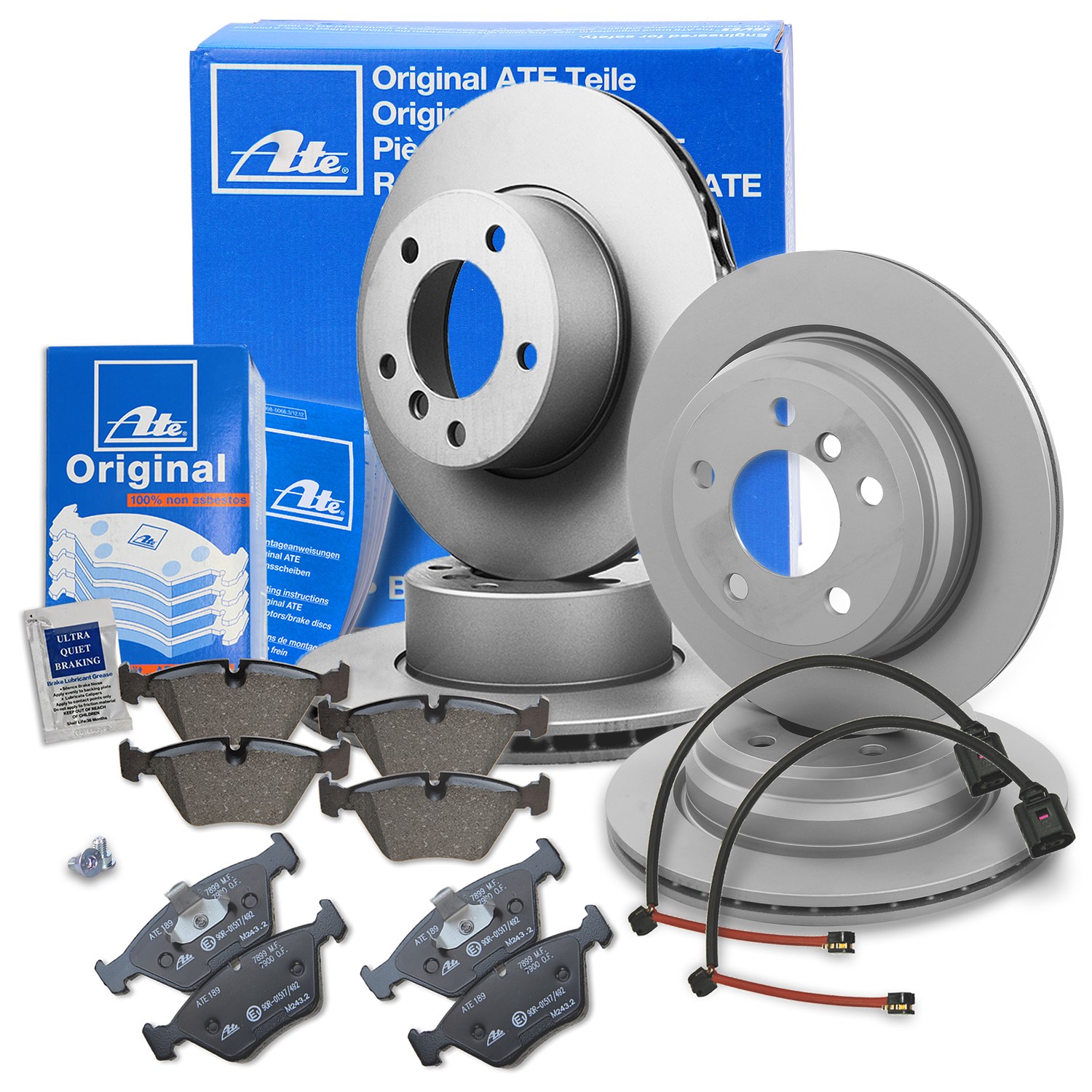 Ate Bremsscheiben +Bremsbeläge +Warnkontakt vorne+hinten [Hersteller-Nr. 40277981] für BMW