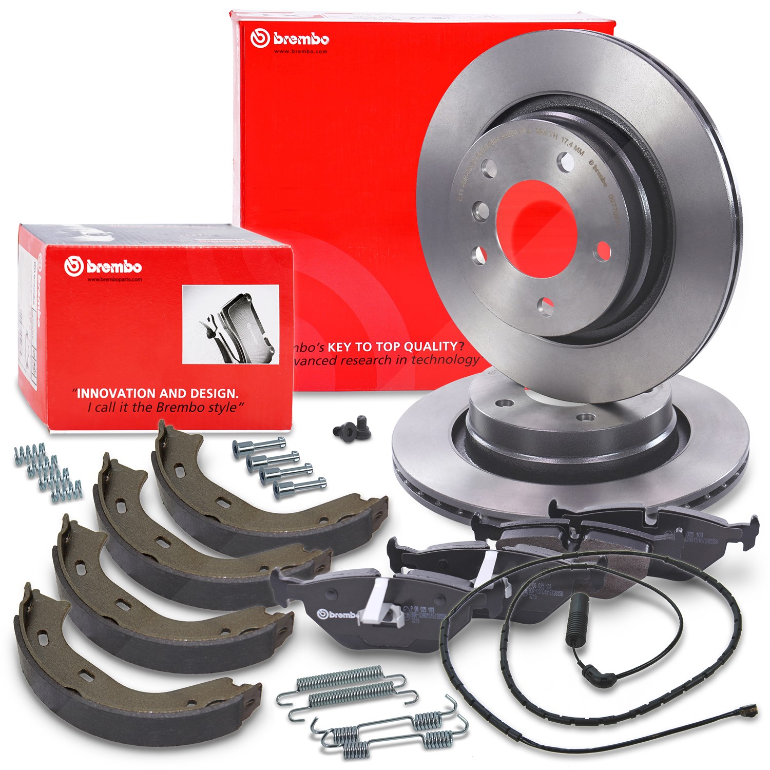Brembo Bremsscheiben+Beläge + Handbremsbacken+Zubehör Hinten [Hersteller-Nr. 40279070] für BMW