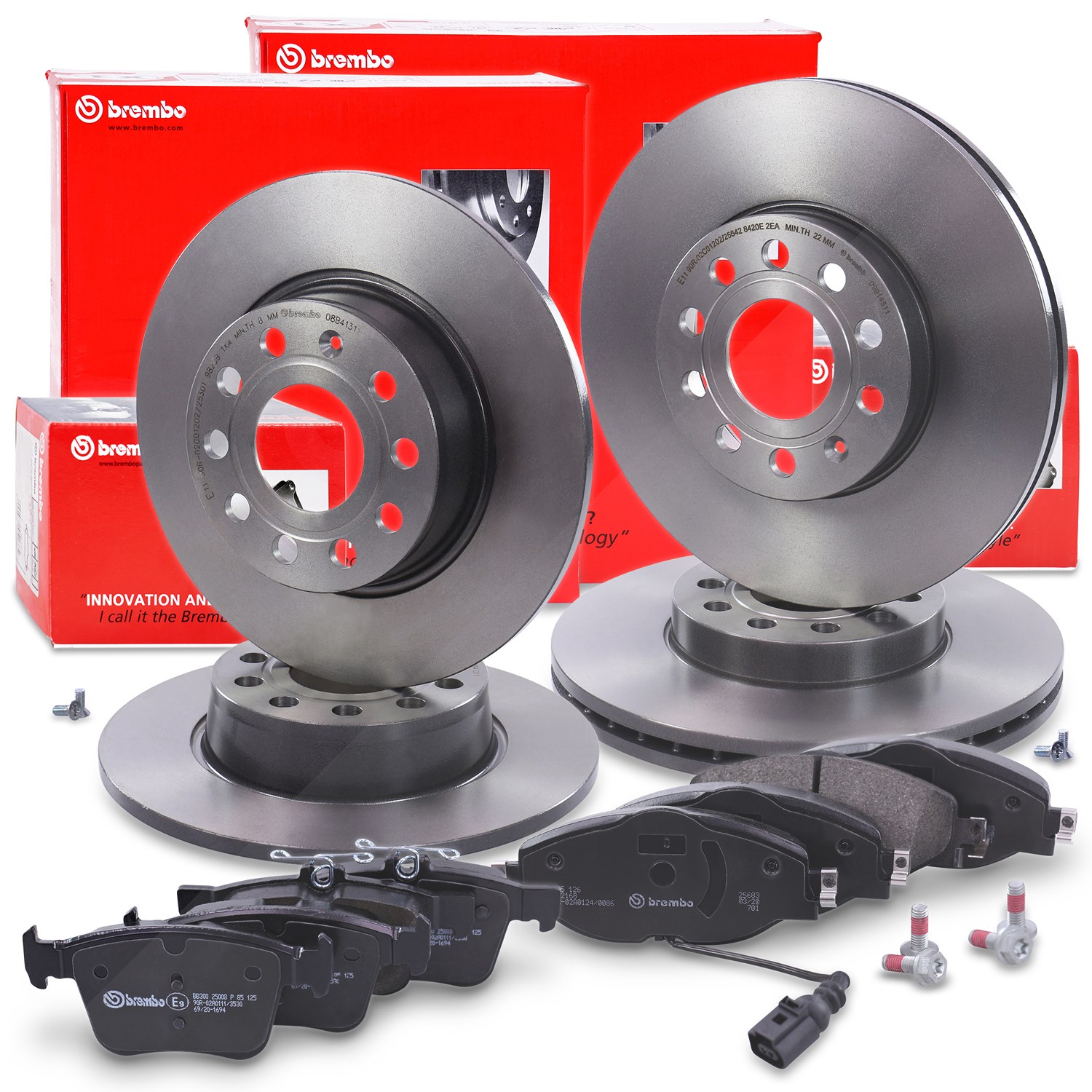 Brembo Bremsscheiben +Bremsbeläge vorne+hinten [Hersteller-Nr. 40278979] für Audi, Seat, VW, Skoda