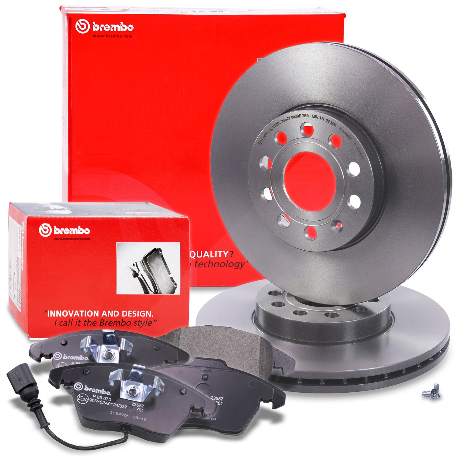 Brembo Bremsscheiben +Bremsbeläge mit Warnkontakt vorne [Hersteller-Nr. 10698695] für VW, Seat, Audi, Skoda