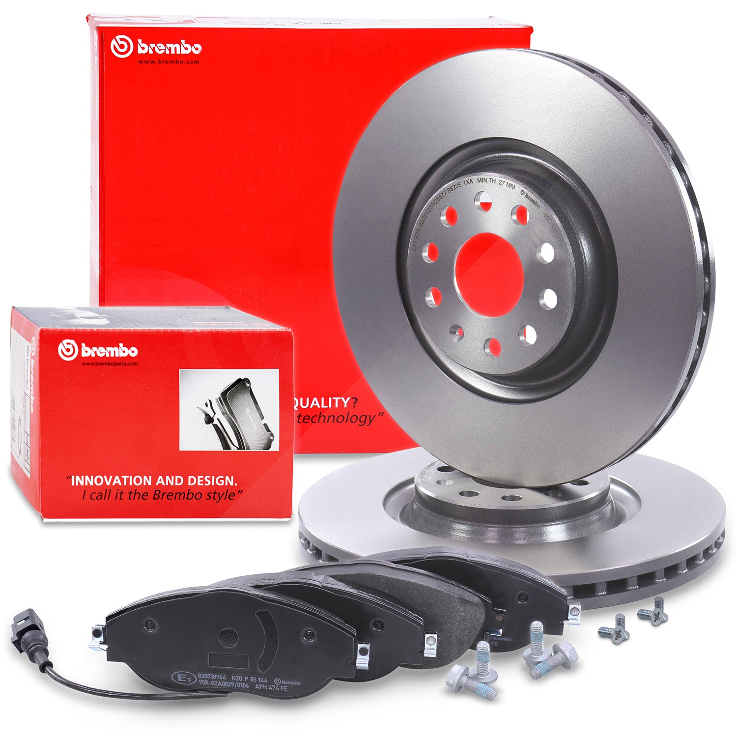 Brembo Bremsscheiben +Bremsbeläge mit Warnkontakt vorne [Hersteller-Nr. 40278669] für Seat, Skoda, Cupra, Audi, VW