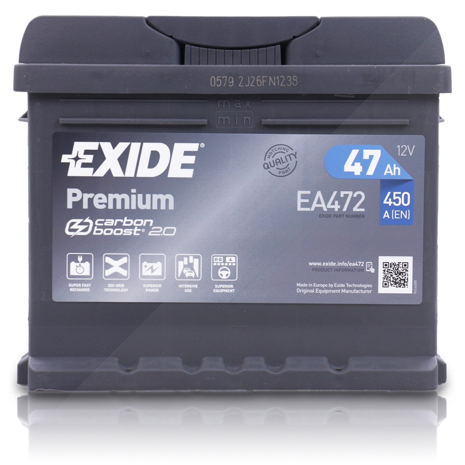 Exide EA472 Premium Carbon Boost 47 Ah 450 A [Hersteller-Nr. EA472] für Subaru, Audi, Lotus, Ford, VW, Skoda, Citroën, Austin, Seat, Volvo, Daf, Fiat,