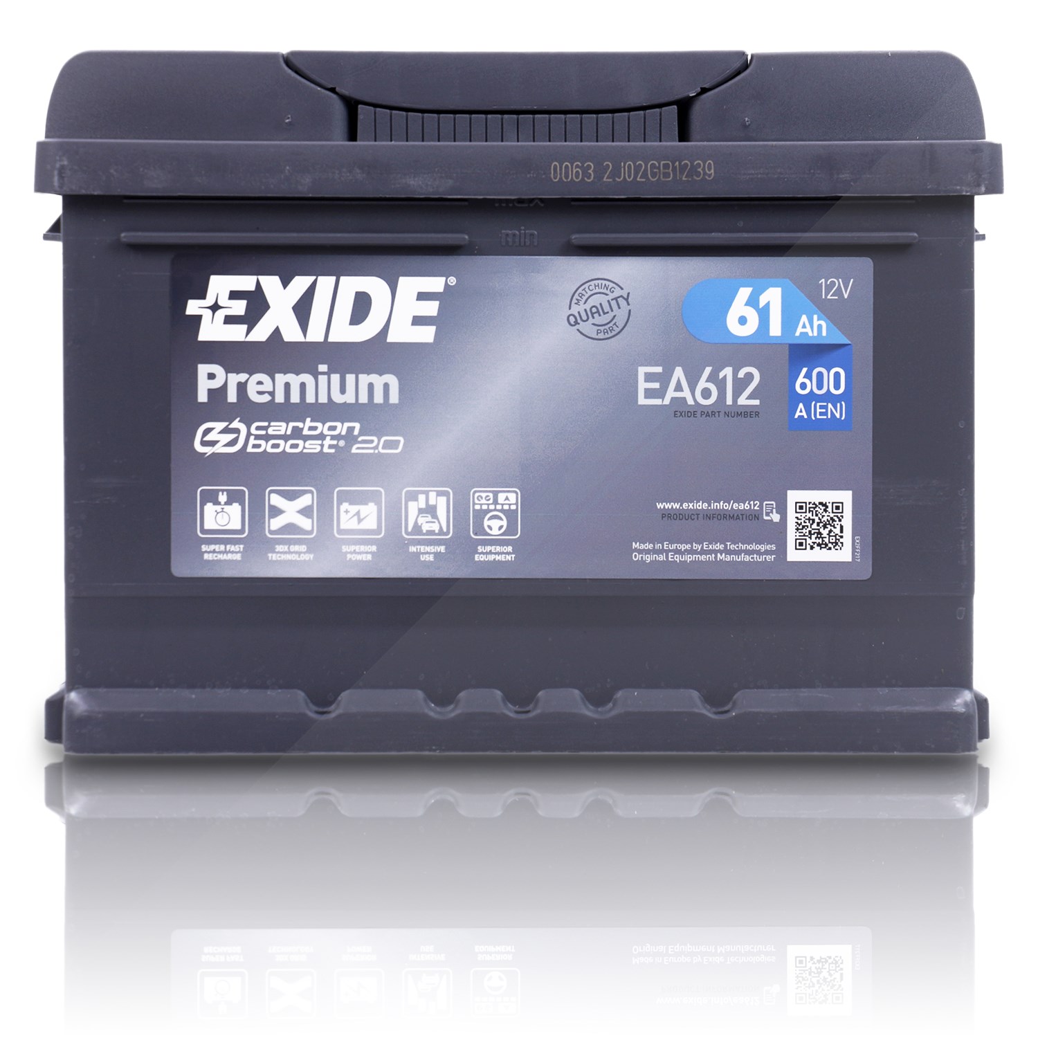 Exide EA612 Premium Carbon Boost 61Ah 600A [Hersteller-Nr. EA612] für Ldv, Ford Usa, Porsche, Marcos, Vauxhall, Bedford, Renault, Auverland, Aston Mar