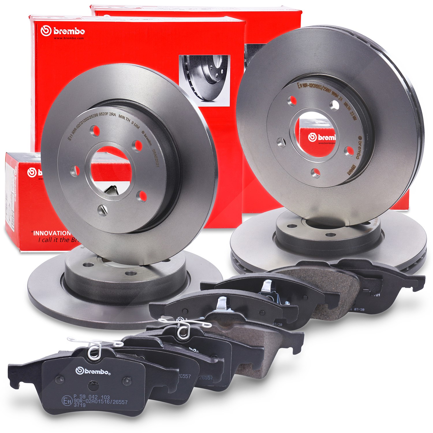 Brembo Bremsscheiben + Bremsbeläge Vorne+Hinten [Hersteller-Nr. 40279290] für Ford