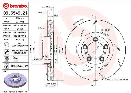 Brembo 1x Bremsscheibe belüftet vorne links [Hersteller-Nr. 09.C549.21] für Porsche