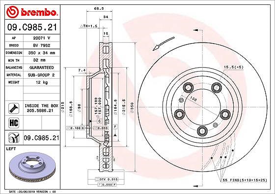 Brembo 1x Bremsscheibe belüftet vorne links [Hersteller-Nr. 09.C985.21] für Porsche