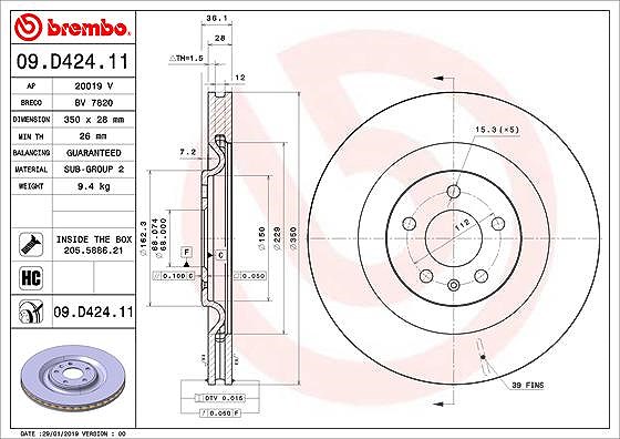 Brembo 1x Bremsscheibe [Hersteller-Nr. 09.D424.11] für Honda, VW, Audi