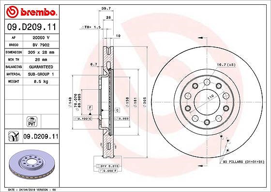 Brembo 1x Bremsscheibe [Hersteller-Nr. 09.D209.11] für Jeep, Alfa Romeo, Fiat