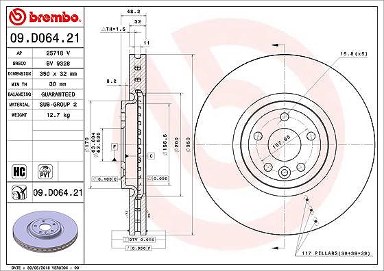 Brembo 1x Bremsscheibe [Hersteller-Nr. 09.D064.21] für Land Rover, Jaguar