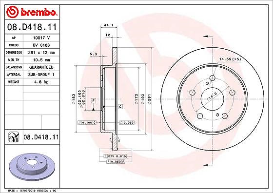 Brembo Bremsscheibe Hinterachse Voll [Hersteller-Nr. 08.D418.11] für Lexus, Toyota