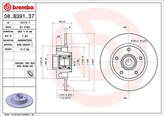 Brembo 1x Bremsscheibe [Hersteller-Nr. 08.B391.37] für Renault