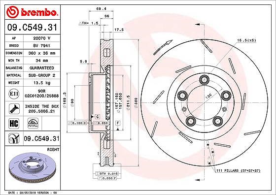 Brembo 1x Bremsscheibe belüftet vorne rechts [Hersteller-Nr. 09.C549.31] für Porsche