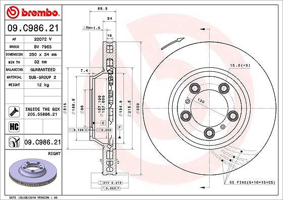 Brembo 1x Bremsscheibe belüftet vorne rechts [Hersteller-Nr. 09.C986.21] für Porsche