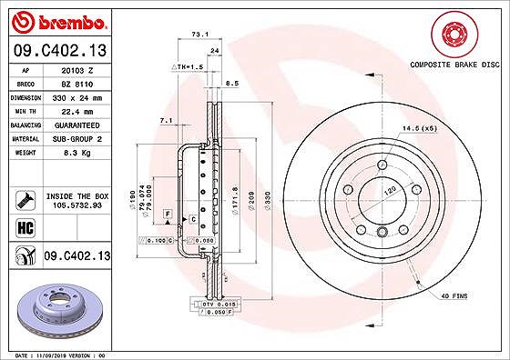 Brembo 1x Bremsscheibe [Hersteller-Nr. 09.C402.13] für BMW