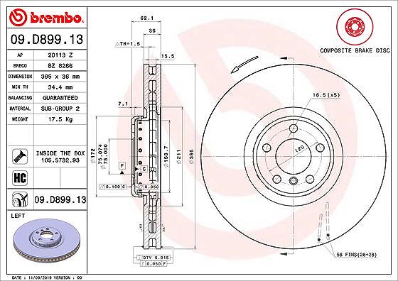 Brembo 1x Bremsscheibe belüftet vorne links [Hersteller-Nr. 09.D899.13] für BMW