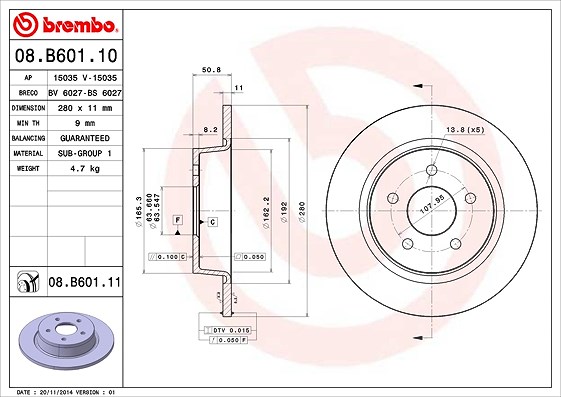 Brembo Bremsscheibe Hinterachse Voll [Hersteller-Nr. 08.B601.11] für Ford