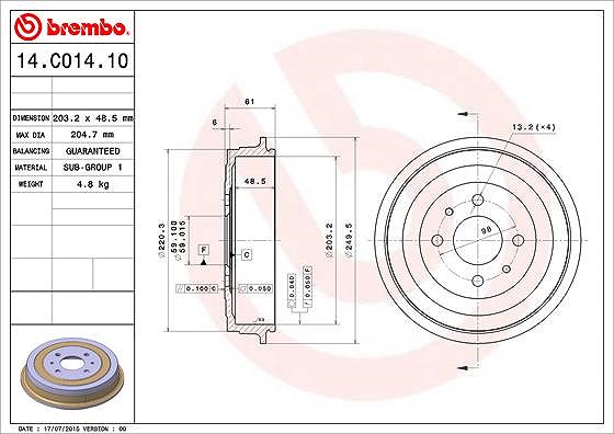 Brembo 1x Bremstrommel [Hersteller-Nr. 14.C014.10] für Fiat, Peugeot, Chrysler, Lancia, Citroën