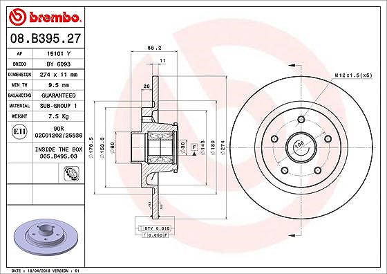 Brembo 1x Bremsscheibe mit Radlager Voll Hinterachse [Hersteller-Nr. 08.B395.27] für Renault, Mercedes-Benz
