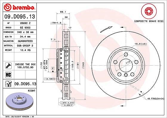 Brembo 1x Bremsscheibe belüftet vorne rechts [Hersteller-Nr. 09.D095.13] für Toyota, BMW