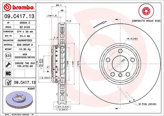 Brembo 1x Bremsscheibe belüftet vorne rechts [Hersteller-Nr. 09.C417.13] für BMW