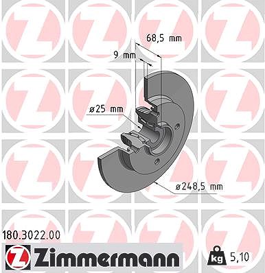 Zimmermann 1x Bremsscheibe voll mit Radlager und ABS-Ring hinten [Hersteller-Nr. 180.3022.00] für Peugeot, Citroën
