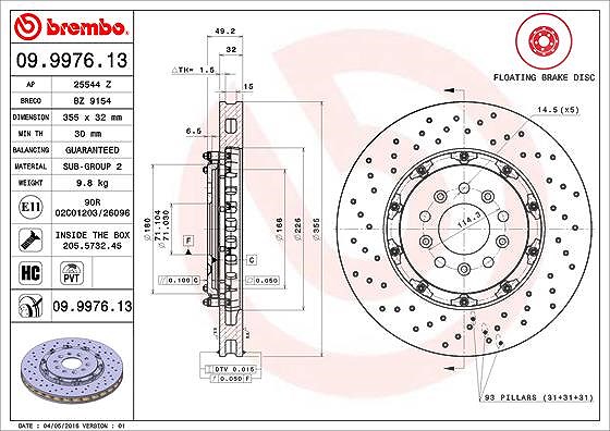 Brembo 1x Bremsscheibe [Hersteller-Nr. 09.9976.13] für Ford