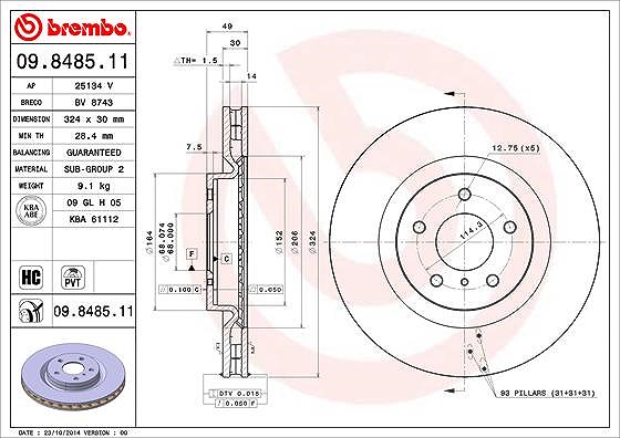 Brembo 1x Bremsscheibe [Hersteller-Nr. 09.8485.11] für Nissan