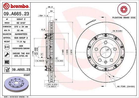 Brembo 1x Bremsscheibe [Hersteller-Nr. 09.A665.23] für Cadillac, Chevrolet