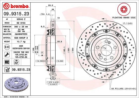 Brembo 1x Bremsscheibe [Hersteller-Nr. 09.9315.23] für Mercedes-Benz